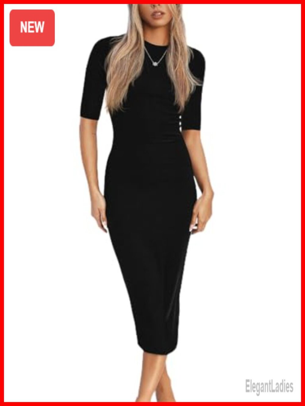 Women's 3/4 Sleeve Ruched Bodycon Midi Dress Crewneck Fitted Casual